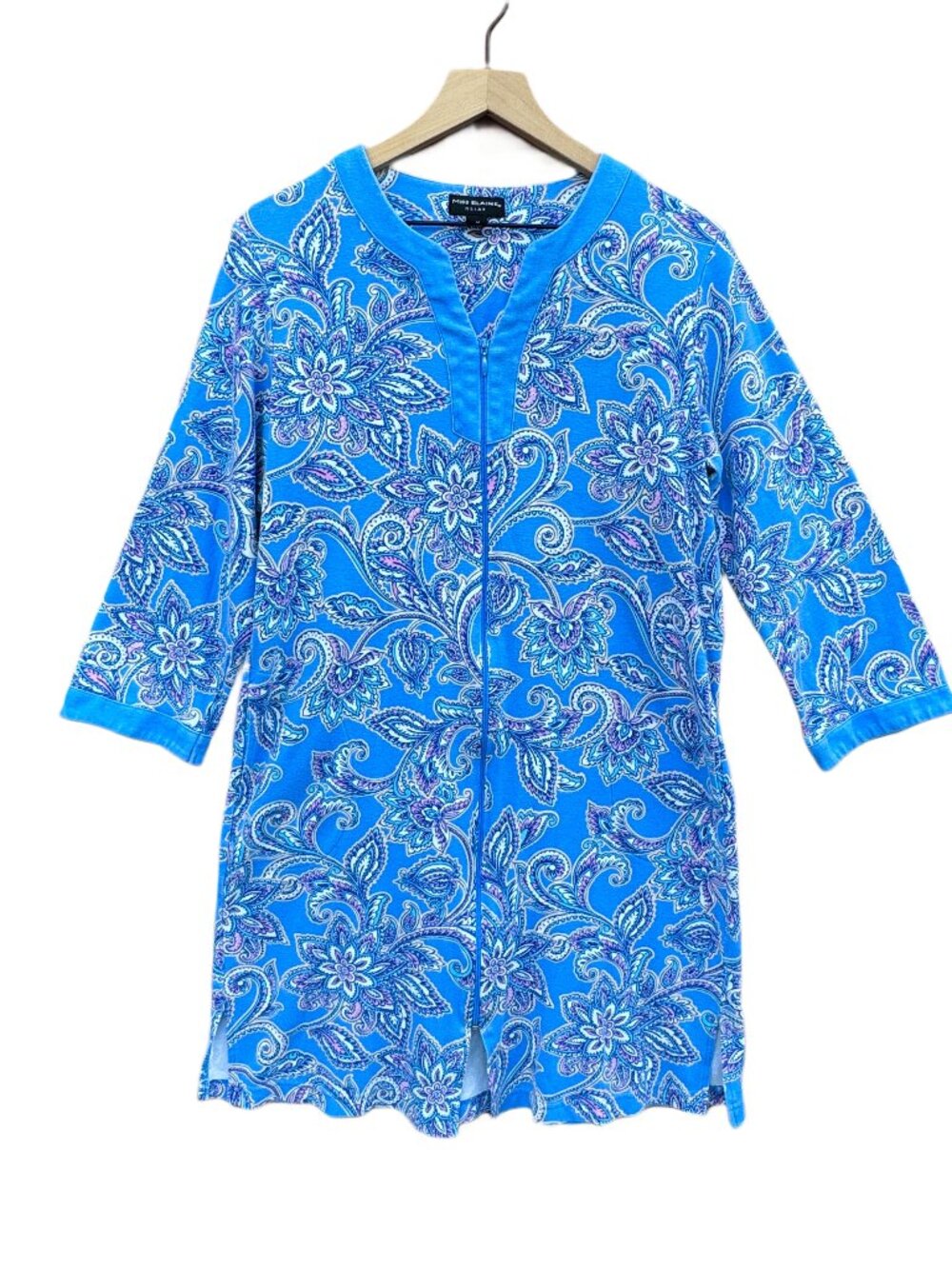 Miss Elaine Relax Zip Front House Dress Robe Size Medium Blue Paisley Pockets